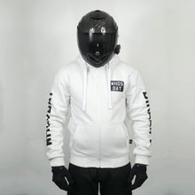 Load image into Gallery viewer, WH05DAT White Armoured Motorcycle Hoodie (Zipped)
